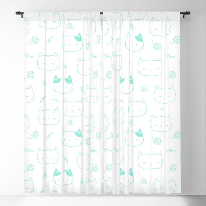 Seafoam Doodle Kitten Faces Pattern Blackout Curtain