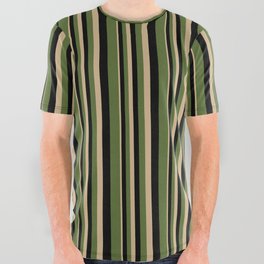 [ Thumbnail: Tan, Black & Dark Olive Green Colored Lined Pattern All Over Graphic Tee ]