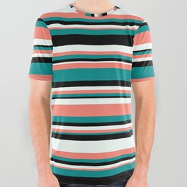 [ Thumbnail: Mint Cream, Salmon, Dark Cyan & Black Colored Lined/Striped Pattern All Over Graphic Tee ]