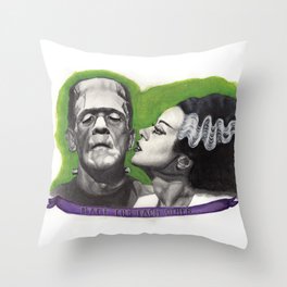 Watercolor Painting of Frankenstein & Bride Throw Pillow