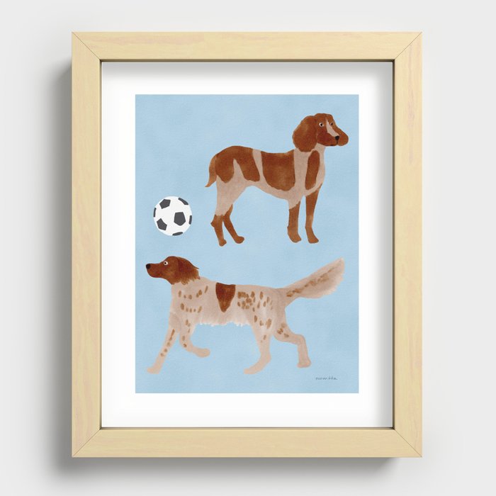 Dogs and a Soccer Ball - Brown and Blue Recessed Framed Print