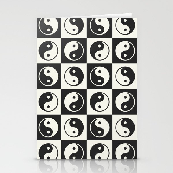 Checkered Yin Yang Pattern (Creamy Milk & Dark Charcoal Color Palette) Stationery Cards