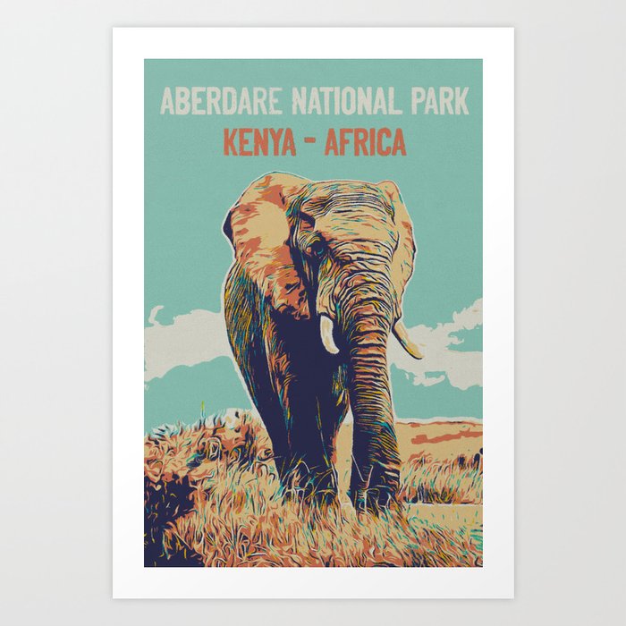 Adventure poster, elephant Illustration, in Aberdare National Park in Kenya Art Print