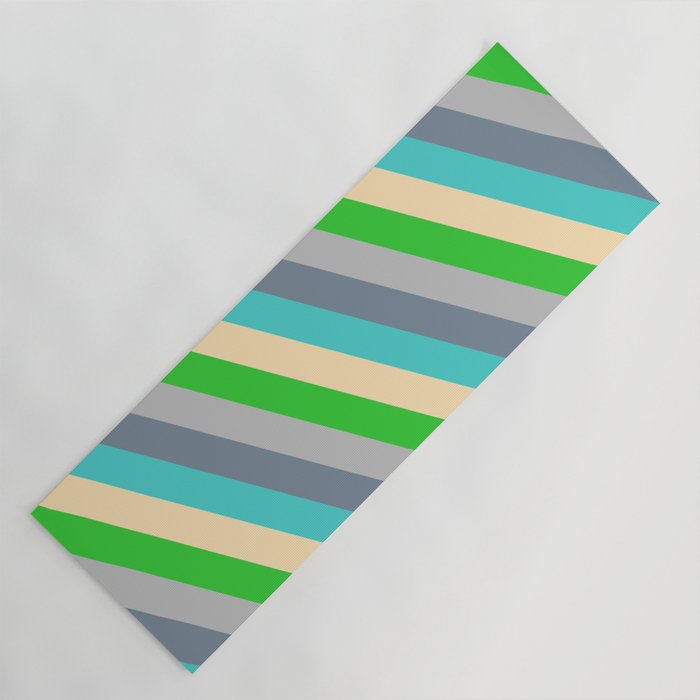 Eyecatching Grey, Light Slate Gray, Turquoise, Beige & Lime Green Colored Stripes/Lines Pattern Yoga Mat