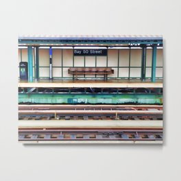 A platform bench Metal Print | New York, Bay 50 Street, A Platform Bench, Transit, Crosswalk, Building, Painting, Railway, People, Bench 