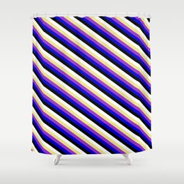[ Thumbnail: Eye-catching Tan, Dark Orchid, Blue, Black, and White Colored Pattern of Stripes Shower Curtain ]