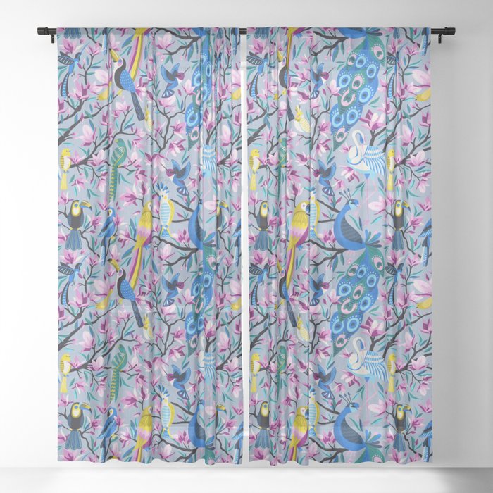 Tropical Birds Tree of Life – Powder Blue Sheer Curtain