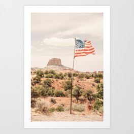 Square Butte Rock in Arizona - American Flag - Southwest USA Photo Art Print
