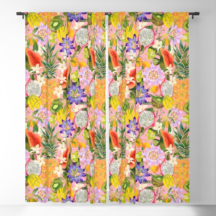 Tropical Trip Fruit and Flowers - Pink Blackout Curtain