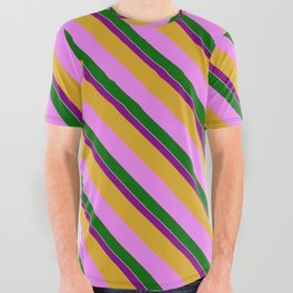 [ Thumbnail: Vibrant Purple, Goldenrod, Violet, Dark Green & White Colored Lined Pattern All Over Graphic Tee ]