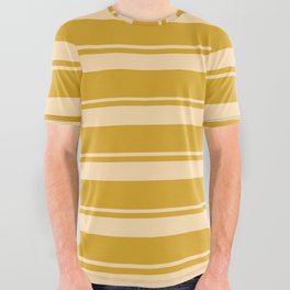 [ Thumbnail: Tan and Goldenrod Colored Stripes Pattern All Over Graphic Tee ]