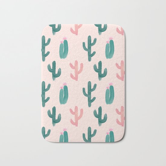 Painted Cactus Pattern on Pink Bath Mat