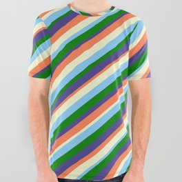 [ Thumbnail: Coral, Light Yellow, Light Sky Blue, Green & Dark Slate Blue Colored Lined/Striped Pattern All Over Graphic Tee ]