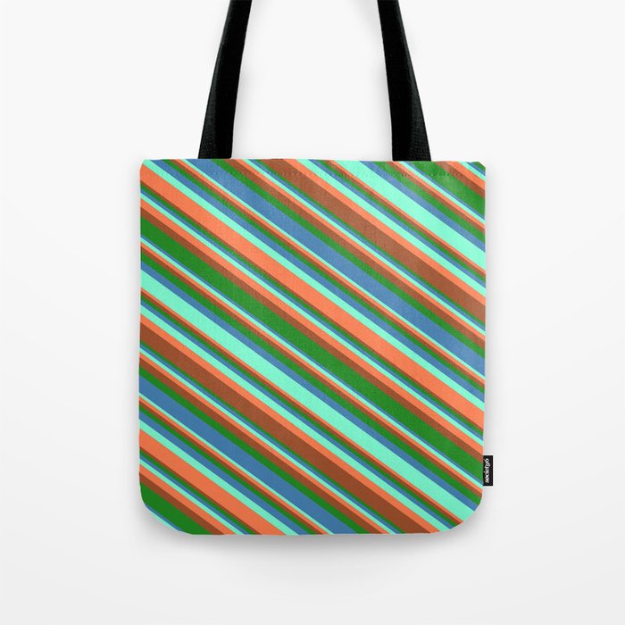 Aquamarine, Coral, Sienna, Forest Green, and Blue Colored Lined/Striped Pattern Tote Bag