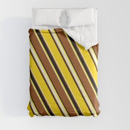 [ Thumbnail: Yellow, Light Yellow, Brown & Black Colored Stripes Pattern Comforter ]