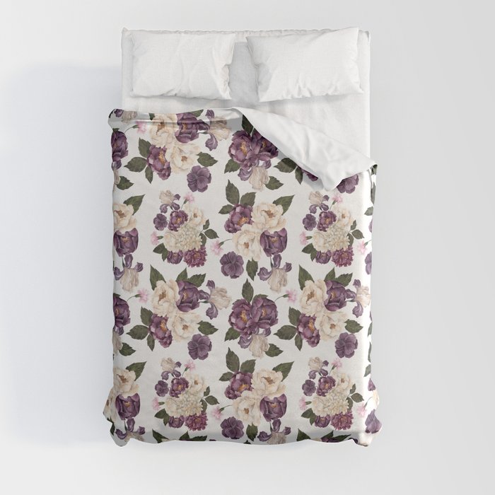 Watercolor Plum Purple Hydrangea Peony Floral Pattern Duvet Cover