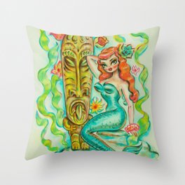 Redhead Tiki Mermaid Throw Pillow