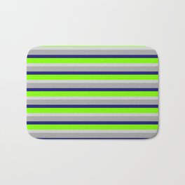 [ Thumbnail: Dark Grey, Midnight Blue, Chartreuse, and Light Grey Colored Lined/Striped Pattern Bath Mat ]