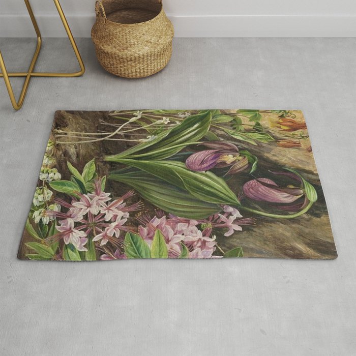 New England Lady Slipper Wild Orchids still life painting Rug