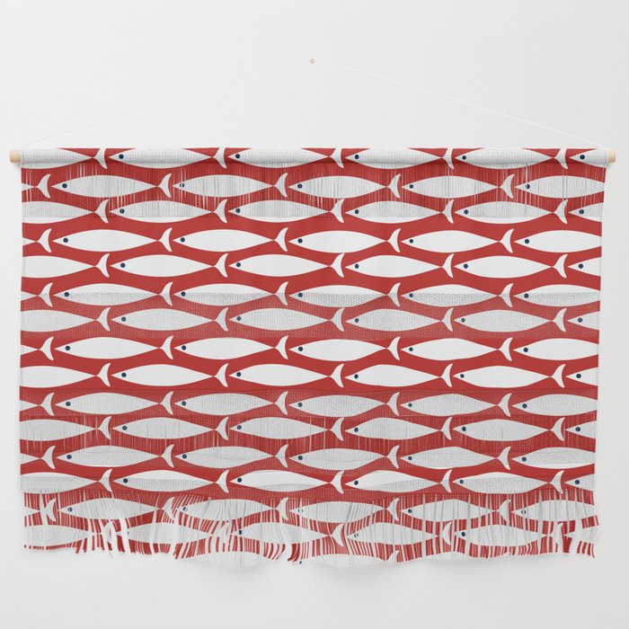 Mid Century Modern Fish Pattern in Red, White, and Nautical Navy Blue Wall Hanging