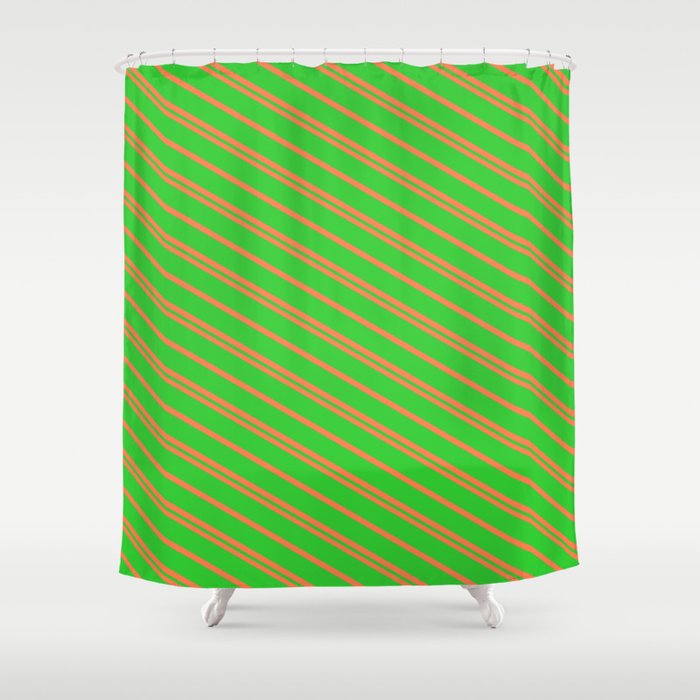 Coral and Lime Green Colored Lined Pattern Shower Curtain