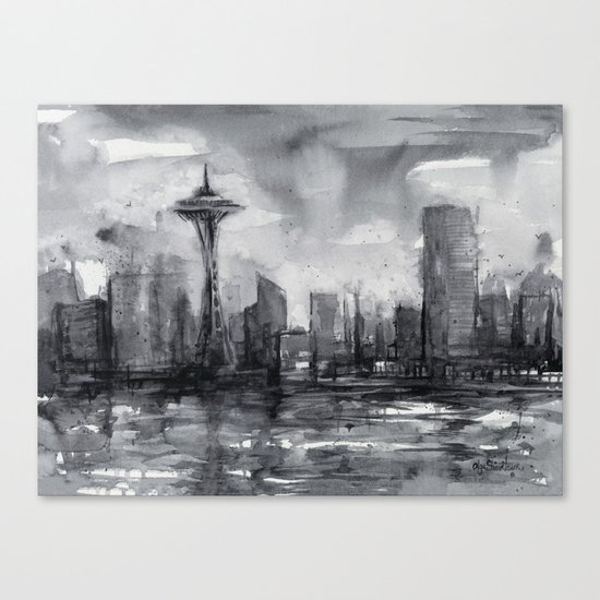Seattle Skyline Painting Watercolor Black and White Space Needle Canvas Print