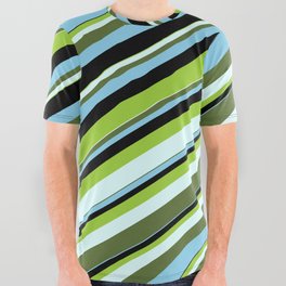 [ Thumbnail: Colorful Green, Light Cyan, Dark Olive Green, Sky Blue & Black Colored Lines/Stripes Pattern All Over Graphic Tee ]