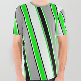 [ Thumbnail: Dark Gray, Lime, Mint Cream & Black Colored Stripes/Lines Pattern All Over Graphic Tee ]