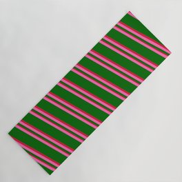 [ Thumbnail: Hot Pink, Dark Green & Crimson Colored Lines Pattern Yoga Mat ]