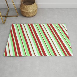 [ Thumbnail: Mint Cream, Red & Green Colored Lined Pattern Rug ]