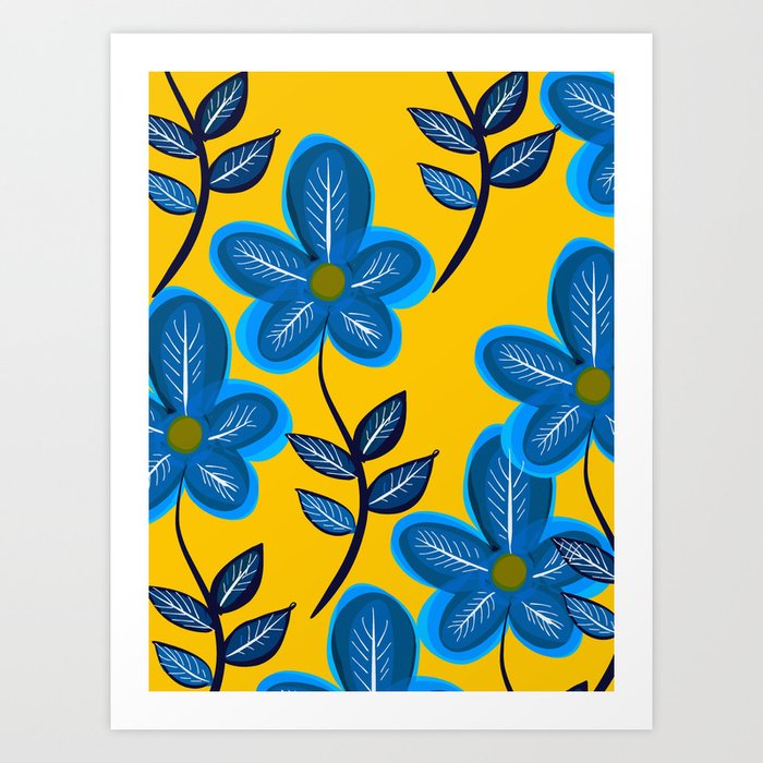 Blue Flowers and Yellow Pattern Art Print