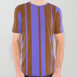 [ Thumbnail: Medium Slate Blue & Brown Colored Stripes/Lines Pattern All Over Graphic Tee ]