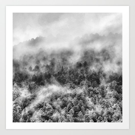 "Mountain light III BW". Foggy forest. Art Print