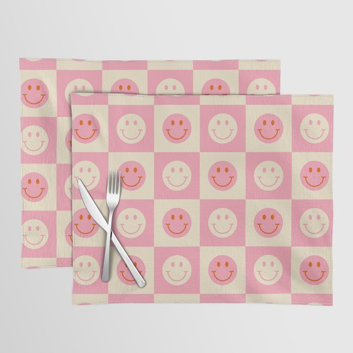 70s Retro Smiley Face Tile Pattern in Pink & Beige Placemat