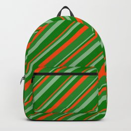[ Thumbnail: Dark Sea Green, Green, Red & Forest Green Colored Lined/Striped Pattern Backpack ]