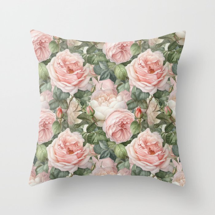 Blushing Petals: A Delicate Symphony of Pink Roses in Watercolor Throw Pillow
