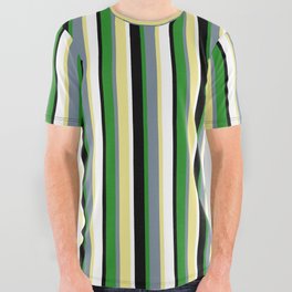 [ Thumbnail: Eyecatching Tan, Light Slate Gray, Forest Green, Black, and White Colored Lined/Striped Pattern All Over Graphic Tee ]