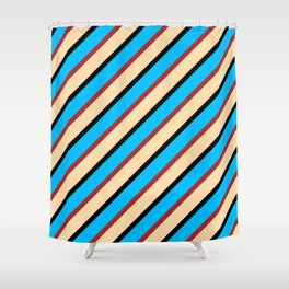 [ Thumbnail: Tan, Black, Deep Sky Blue & Brown Colored Striped Pattern Shower Curtain ]