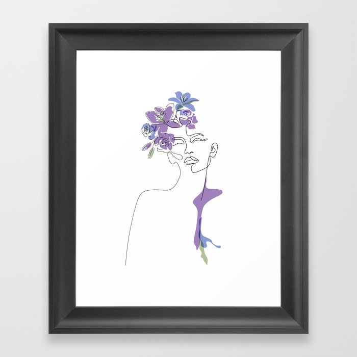 Lilac Bloom Girl / Face drawing with  purple, blue and green flowers / Explicit Design Framed Art Print