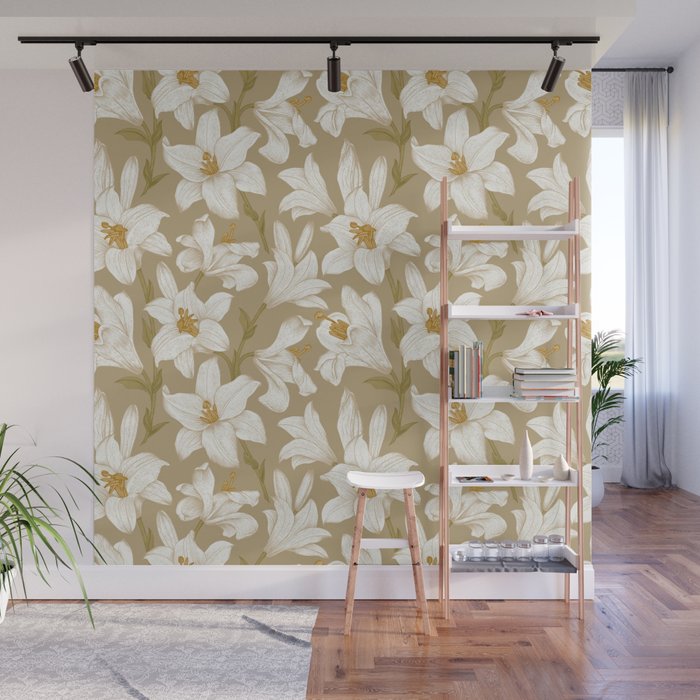 White Royal Lilies Floral Pattern Wall Mural