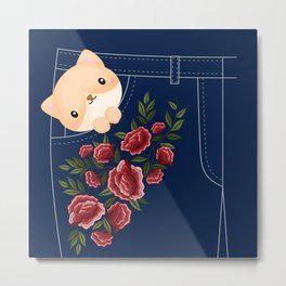 Cute Cat In A Jean's Pocket, Embroidered flowers Metal Print | Pets, Aniversary, Digital, Watercolor, Graphic, Cats, Kitten, Cat, Abstract, Embroidering 
