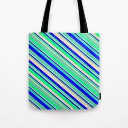 [ Thumbnail: Tan, Blue, Aquamarine & Green Colored Lines Pattern Tote Bag ]