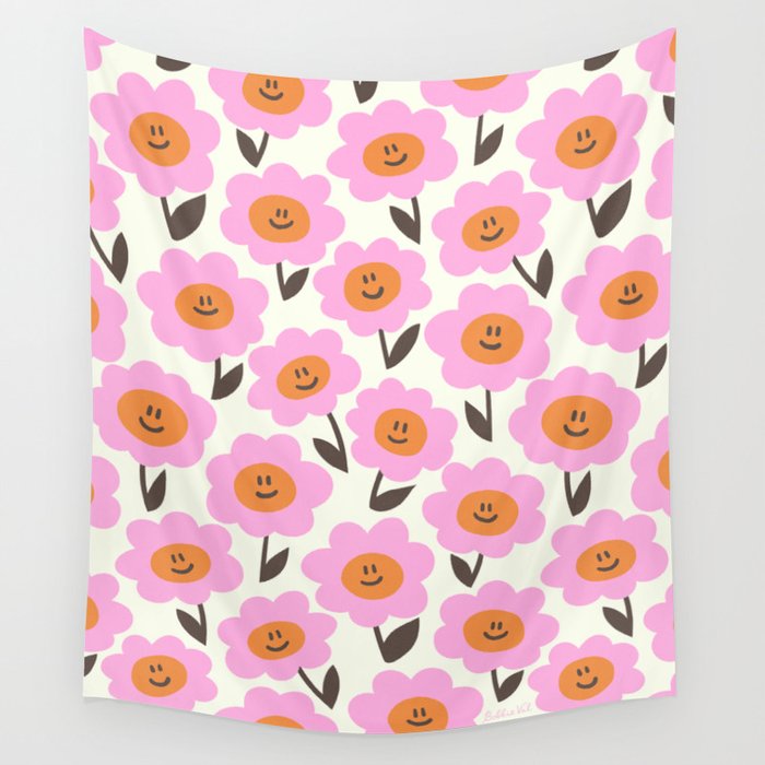 Cute Happy Daisy Pattern Pink and Orange Wall Tapestry