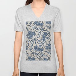 Chic Modern Vintage Ivory Navy Blue Floral Pattern V Neck T Shirt