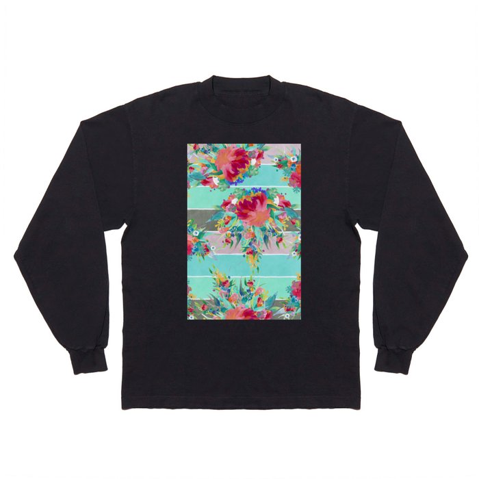 Watercolor Pink Orange Teal Blue Hand Painted Floral Stripes Long Sleeve T Shirt