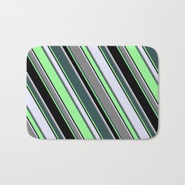 [ Thumbnail: Eye-catching Lavender, Grey, Dark Slate Gray, Green & Black Colored Pattern of Stripes Bath Mat ]