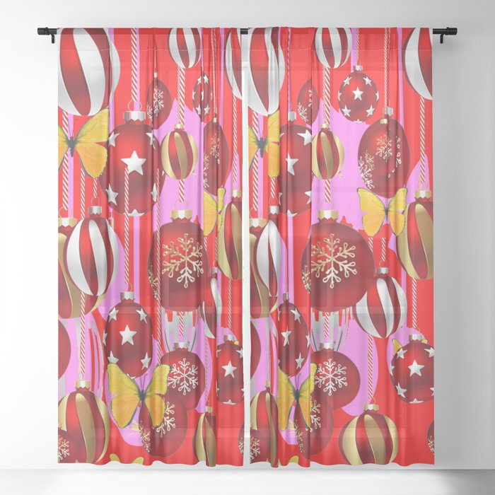 DECORATIVE RED CHRISTMAS ORNAMENT & YELLOW BUTTERFLIES Sheer Curtain