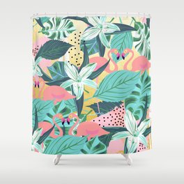 Flamingo Tropical, Colorful Modern Bohemian Eclectic Jungle Graphic Design, Blush Forest Gold Floral Shower Curtain