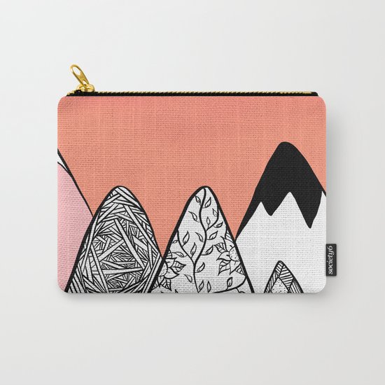 Modern abstract pink coral watercolor sky black white geometric floral mountains illustration Carry-All Pouch
