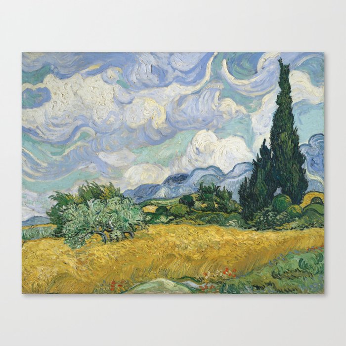 Wheat Field with Cypresses by Vincent van Gogh Farmhouse Aesthetic Blue Emerald Green Golden Yellow Canvas Print